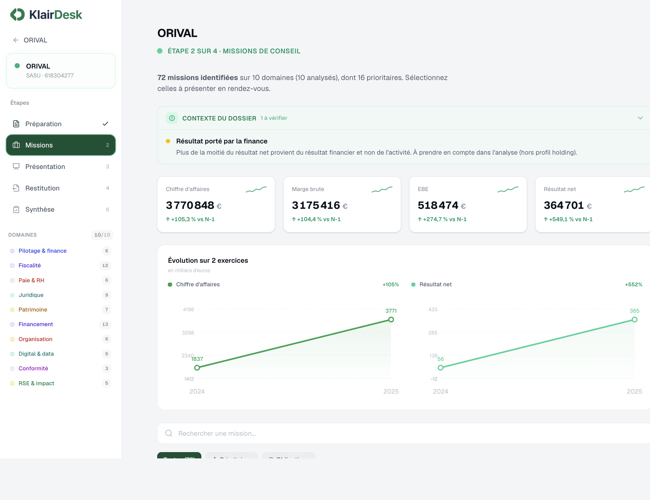 Écran KlairDesk — sélection des missions de conseil